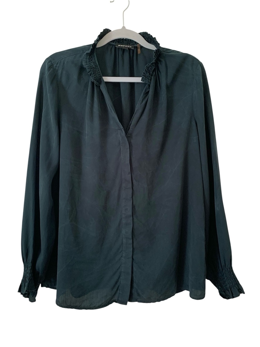 REPEAT 100% Tencel Dark Teal Smocked Collar Long Sleeve Button Down Blouse Size